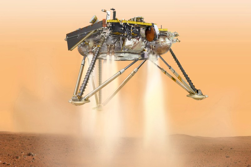 This illustration made available by NASA in October 2016 shows This is an illustration showing a simulated view of NASA's InSight lander about to land on the surface of Mars. This view shows the underside of the spacecraft.NASA's Jet Propulsion Laboratory, a division of Caltech in Pasadena, California, manages the InSight Project for NASA's Science Mission Directorate, Washington. Lockheed Martin Space, Denver, Colorado built the spacecraft. InSight is part of NASA's Discovery Program, which is managed by NASA's Marshall Space Flight Center in Huntsville, Alabama.For more information about the mission, go to https://mars.nasa.gov/insight.Image Credit:NASA/JPL-Caltech