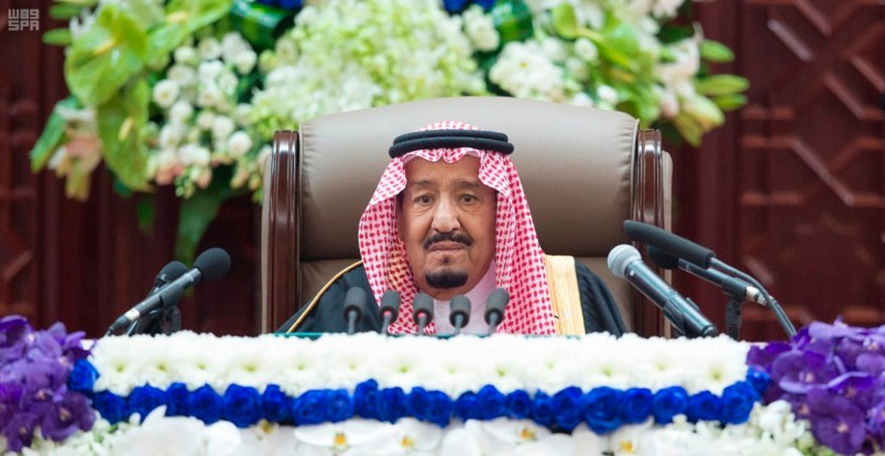 In this photo provided by the Saudi Press Agency, SPA, Saudi King Salman gives his annual policy speech in the ornate hall of the consultative Shura Council, Monday, Nov. 19, 2018, Riyadh, Saudi Arabia. Salman gave his first major speech since the killing of journalist Jamal Khashoggi by Saudi agents, expressing support for his son, the crown prince, and making no mention of the accusations that the prince ordered the killing. Monday’s speech highlighted the kingdom’s priorities for the coming year, focusing on issues such as the war in Yemen, security for Palestinians, stability in the oil market, countering rival Iran and job creation for Saudis.  (AP Photo/Saudi Press Agency)