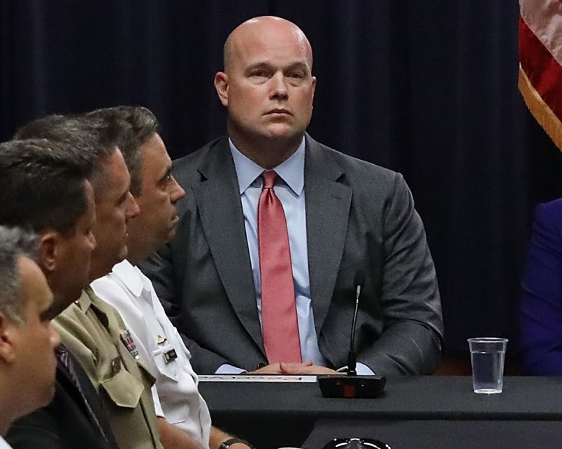 WASHINGTON, DC - AUGUST 29:  (L-R) Department of Justice Chief of Staff Matt Whitaker, the FBI's Kristi Johnson and  U.S. Attorney General Jeff Sessions participate in a round table event with the Joint Interagency Task Force - South (JIATF-S) foreign liaison officers and  at the Department of Justice Kennedy building August 29, 2018 in Washington, DC. Based in Key West, Florida, the JIATF-S  is tasked with stopping the flow of illicit drugs with the cooperation of other agencies and international partners, including Brazil, Canada, Chile, Colombia, Dominican Republic, Ecuador, El Salvador, France, Honduras, Mexico, the Netherlands, Panama, Peru, Spain, Trinidad and Tobago and the United Kingdom.  (Photo by Chip Somodevilla/Getty Images)