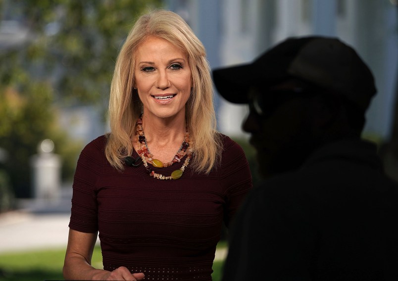 WASHINGTON, DC - OCTOBER 03:  Counselor to U.S. President Donald Trump Kellyanne Conway participates in a TV interview October 3, 2018 at the White House in Washington, DC. New York State tax officials are reviewing fraud allegations the New York Times has reported on tax schemes TrumpÕs father had committed in order to transfer millions of dollars to his children without paying the appropriate taxes.  (Photo by Alex Wong/Getty Images) *** Local Caption *** Kellyanne Conway