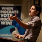 California democratic congressional candidate Josh Harder speaks during a town hall style meeting at a Best Western hotel on October 4, 2018 in Patterson, California. Democrat congressional candidate Josh Harder is running against republican incumbent U.S. Rep. Jeff Denham (R-CA) in California 10th district. According to a new poll by the University of California, Berkeley Institute for Governmental Studies that was released today shows Harder with a 5 percentage point lead over Denham.