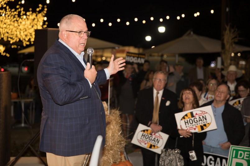 Gaithersburg, Md - October 23: Maryland's incumbent GOP governor Larry Hogan addresses voters during a rally in Gaithersburg, Md., on October 23, 2018. Hogan has been endorsed by Gaithersburg Democratic Mayor Jud Ashman. (Photo by Cheryl Diaz Meyer for The Washington Post)