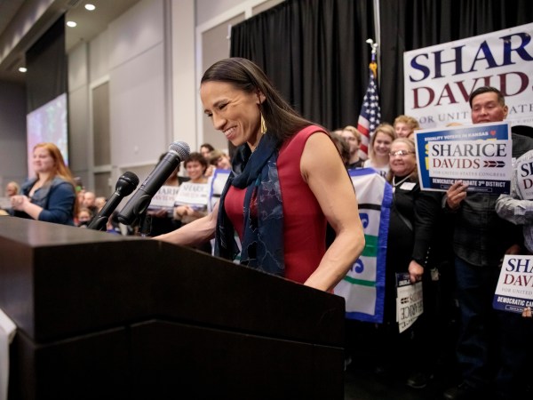 OLATHE, KS - NOVEMBER 06: Democratic candidate for Kansas' 3rd Congressional District Sharice Davids speaks to supporters during an election night party on November 6, 2018 in Olathe, Kansas. Davids defeated incumbent Republican Kevin Yoder. (Photo by Whitney Curtis/Getty Images)