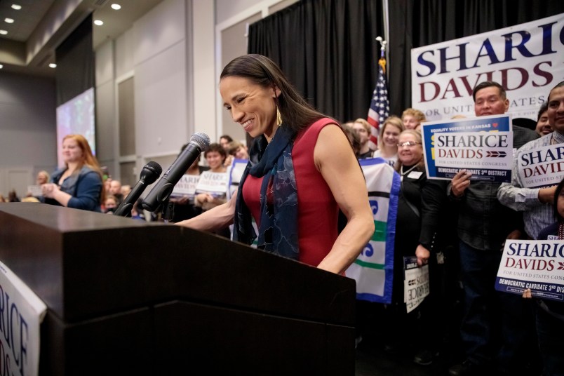 OLATHE, KS - NOVEMBER 06: Democratic candidate for Kansas' 3rd Congressional District Sharice Davids speaks to supporters during an election night party on November 6, 2018 in Olathe, Kansas. Davids defeated incumbent Republican Kevin Yoder. (Photo by Whitney Curtis/Getty Images)