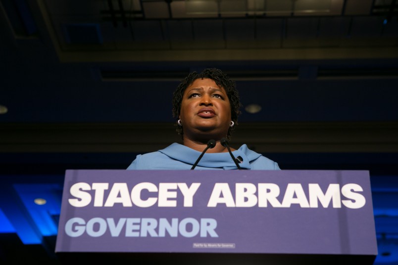 ATLANTA, GA - NOVEMBER 06:  Democratic Gubernatorial candidate Stacey Abrams addresses supporters at an election watch party on November 6, 2018 in Atlanta, Georgia.  Abrams and her opponent, Republican Brian Kemp, are in a tight race that is too close to call.  A runoff for Georgia's governor is likely.  (Photo by Jessica McGowan/Getty Images)