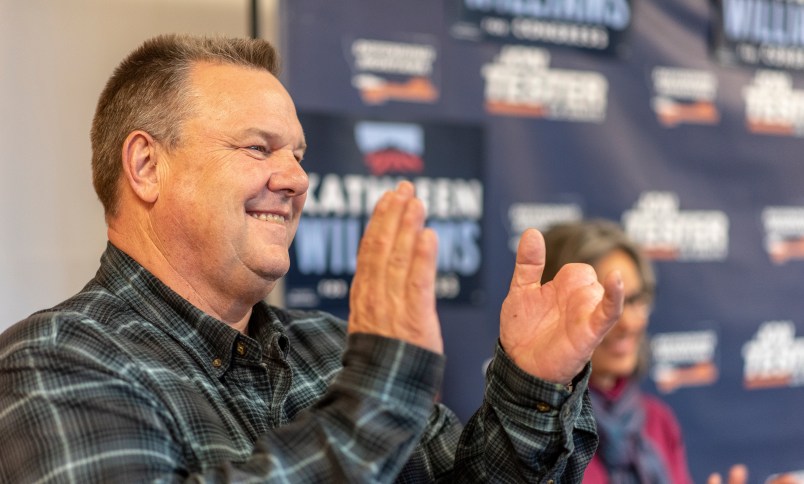 LIVINGSTON, MT - NOVEMBER 02: Montana Democrat Senator Jon Tester who his defending his senate seat from Republican Matt Rosendale campaigns with Democrat Kathleen Williams who is running against Republican Greg Gianforte for Montana's lone house seat on November 2, 2018 in Livingston, Montana. (Photo by William Campbell/Corbis via Getty Images)