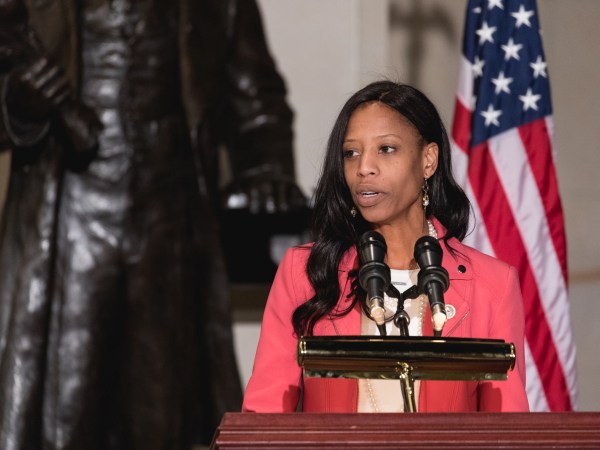 Rep. Mia Love speaks at the Commemoration of the Bicentennial of the Birth of Frederick Douglass, in Emancipation Hall of the U.S. Capitol, on Wednesday, Feb. 14, 2018. (Photo by Cheriss May/NurPhoto)