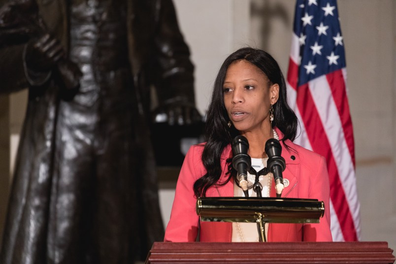 Rep. Mia Love speaks at the Commemoration of the Bicentennial of the Birth of Frederick Douglass, in Emancipation Hall of the U.S. Capitol, on Wednesday, Feb. 14, 2018. (Photo by Cheriss May/NurPhoto)