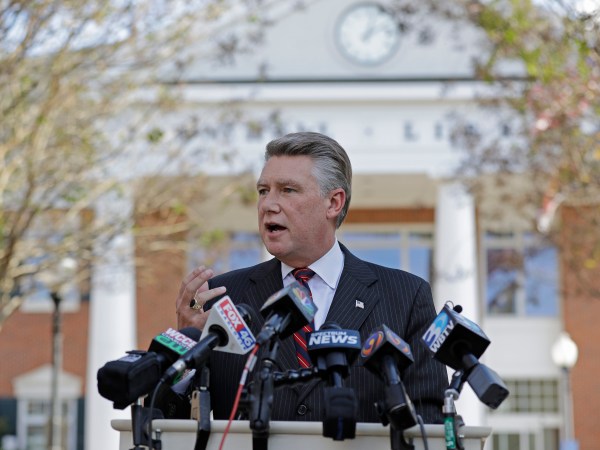 Mark Harris speaks to the media during a news conference in Matthews, N.C., Wednesday, Nov. 7, 2018. Harris is leading Dan McCready for the 9th congressional district in a race that is still too close to call. (AP Photo/Chuck Burton)