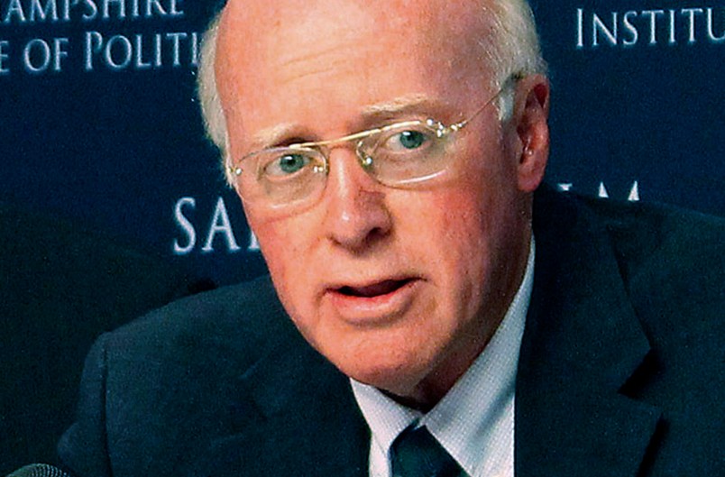 New Hampshire Secretary of State Bill Gardner, right, introduces one of the speakers at a meeting of the Presidential Advisory Commission on Election Integrity on Tuesday, Sept. 12, 2017 in Manchester, NH. Kansas Secretary of State Kris Kobach, center, and former Ohio Secretary of State Ken Blackwell, left, also attend. Gardner opened the meeting by defending his participation and the panel's existence, saying it hasn't yet reached any conclusion. (AP Photo/Holly Ramer)