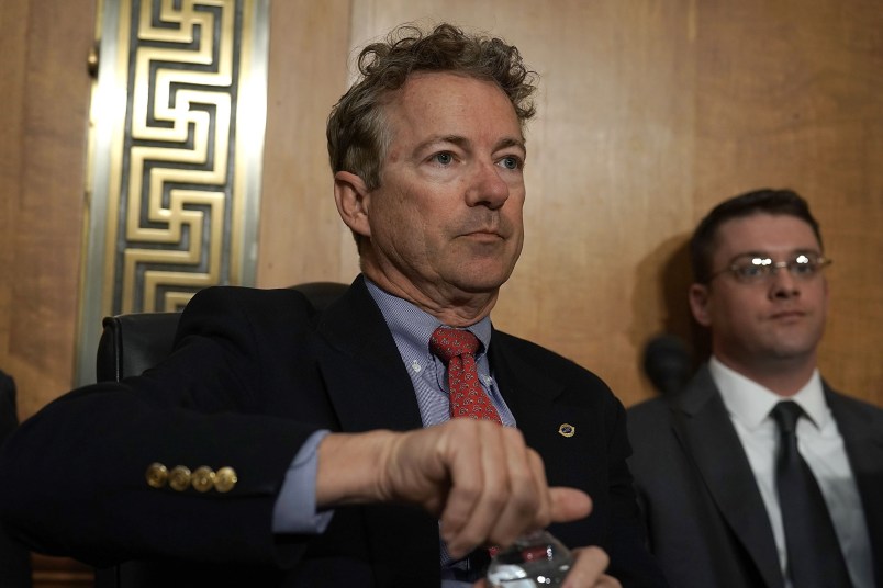 WASHINGTON, DC - APRIL 23:  U.S. Sen. Rand Paul (R-KY) waits for the beginning of a Senate Foreign Relations Committee meeting April 23, 2018 on Capitol Hill in Washington, DC. The committee is scheduled to vote on the nomination of CIA Director Mike Pompeo to be the next Secretary of State.  (Photo by Alex Wong/Getty Images)