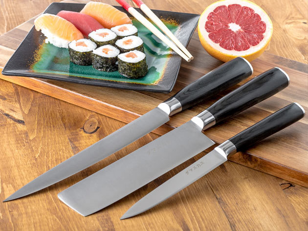 The Damasukasu Japanese 3-Piece Master Chef Hanshu Knife Set are created with the same process developed to make samurai swords.