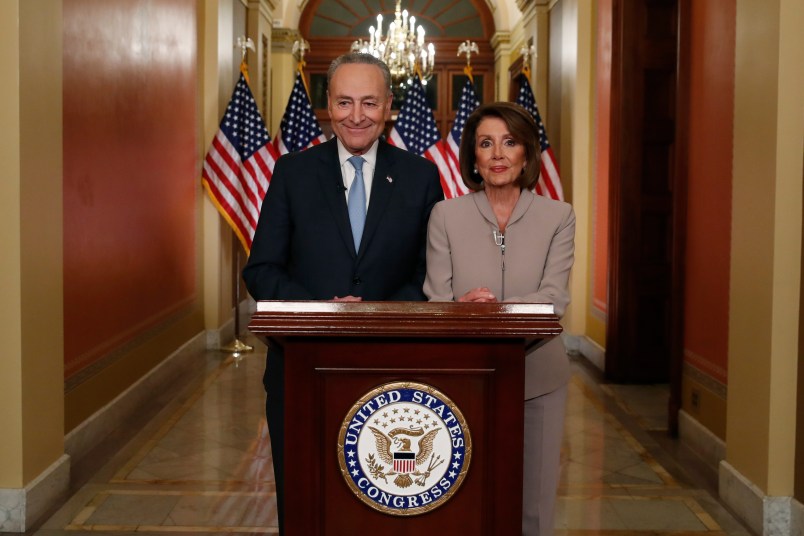 House Speaker Nancy Pelosi of Calif., and Senate Minority Leader Chuck Schumer of N.Y., speak on Capitol Hill in response President Donald Trump's address, Tuesday, Jan. 8, 2019, in Washington. (AP Photo/Alex Brandon)