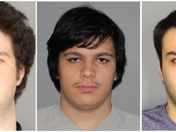 In this combination of three Jan. 22, 2019 photographs released by the Greece Police Department in Greece, NY, Brian Colaneri, left, Andrew Crysel, center, and Vincent Vetromile are shown. Authorities said that the three men were charged with plotting to attack a rural upstate New York Muslim community with explosives. The three Rochester, NY-area men are accused of plotting to attack Islamberg, a 60-acre Muslim enclave west of the Catskills, according to court papers. (Greece Police Department via AP)