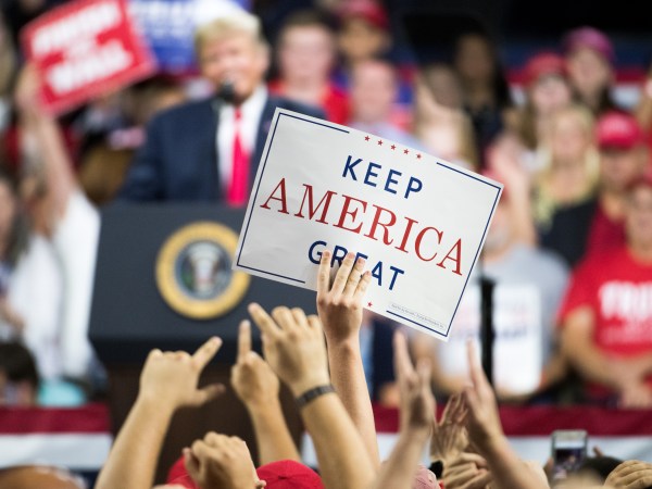 JOHNSON CITY, TN - OCTOBER 01: President Donald Trump speaks to the crowd during a campaign rally at Freedom Hall on October 1, 2018 in Johnson City, Tennessee. President Trump held the rally to support Republican senate candidate Marsha Blackburn. (Photo by Sean Rayford/Getty Images)