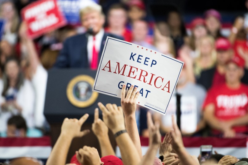 JOHNSON CITY, TN - OCTOBER 01: President Donald Trump speaks to the crowd during a campaign rally at Freedom Hall on October 1, 2018 in Johnson City, Tennessee. President Trump held the rally to support Republican senate candidate Marsha Blackburn. (Photo by Sean Rayford/Getty Images)