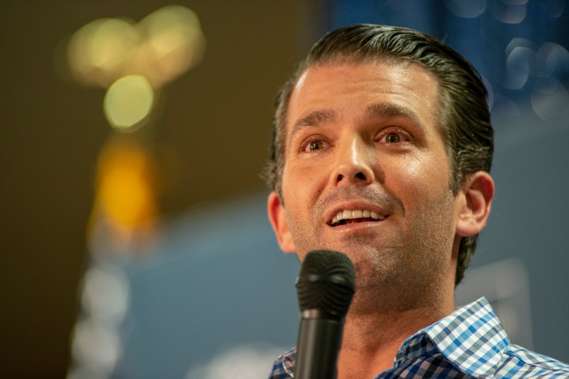 BOZEMAN,MT-SEPTEMBER,25: Donald Trump,Jr. speaks at a campaign rally in support  Montana Senate candidate Matt Rosendale  in Bozeman, MT on September 25,2018. Rosendale is running against incumbent Democrat Senator Jon Tester in the 2018 midterm elections. (Photo by William Campbell-Corbis via Getty Images)