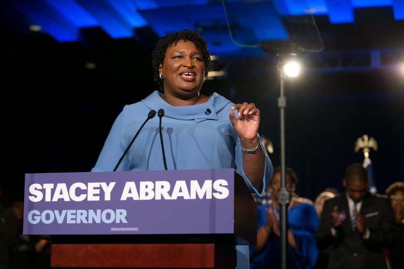 ATLANTA, GA - NOVEMBER 06:  Democratic Gubernatorial candidate Stacey Abrams addresses supporters at an election watch party on November 6, 2018 in Atlanta, Georgia.  Abrams and her opponent, Republican Brian Kemp, are in a tight race that is too close to call.  A runoff for Georgia's governor is likely.  (Photo by Jessica McGowan/Getty Images)