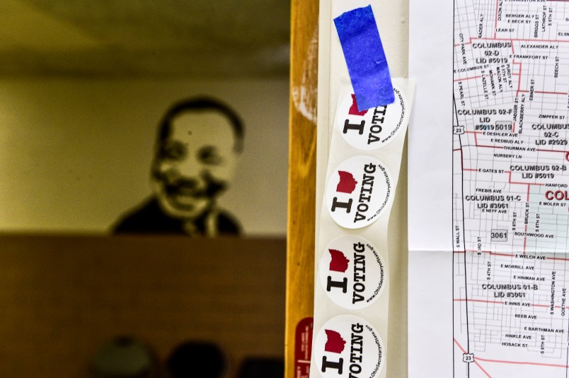 DOWNTOWN COLUMBUS, COLUMBUS, OHIO, UNITED STATES - 2018/11/06: Stickers with the words I love voting are at the entrance of Barrack Recreation Centre polling stationVoters turned up to cast their ballots in the 2018 Primary election in Ohio. (Photo by Matthew Hatcher/SOPA Images/LightRocket via Getty Images)