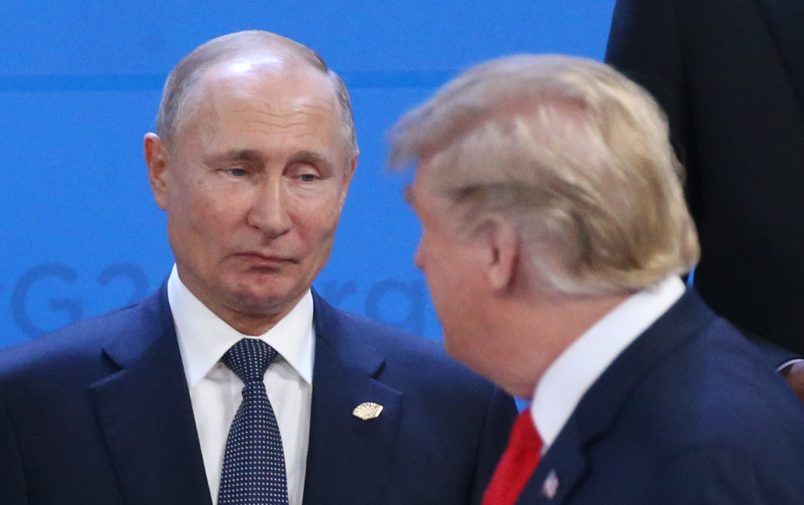 BUENOS AIRES, ARGENTINA - NOVEMBER,30 (RUSSIA OUT) U.S. President Donald Trump (R) looks on Russian President Vladimir Putin (L) during the welcoming ceremony prior to the G20 Summit's Plenary Meeting in Buenos Aires, Argentina, November,30,2018. U.S.Preisident Donald Trump has cancelled his meeting with Vladimir Putin at the G20 Summit in Argentina planned on Saturday. (Photo by Mikhail Svetlov/Getty Image