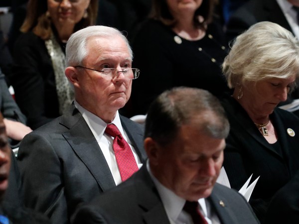 Former Attorney General Jeff Sessions listens during the State Funeral for former President George H.W. Bush at the National Cathedral, Wednesday, Dec. 5, 2018, in Washington. (AP Photo/Alex Brandon, Pool)