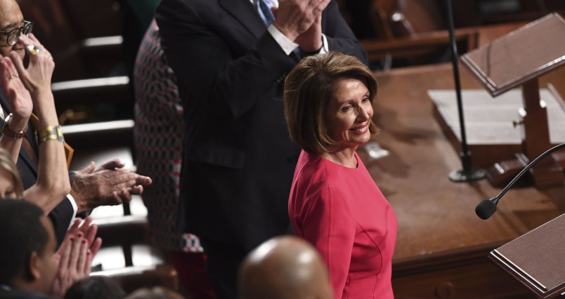 Incoming Speaker of the House Nancy Pelosi reacts to applause during the 116th Congress and swearing-in ceremony on the floor of the US House of Representatives at the US Capitol on January 3, 2019 in Washington,DC. (Photo by SAUL LOEB / AFP)        (Photo credit should read SAUL LOEB/AFP/Getty Images)