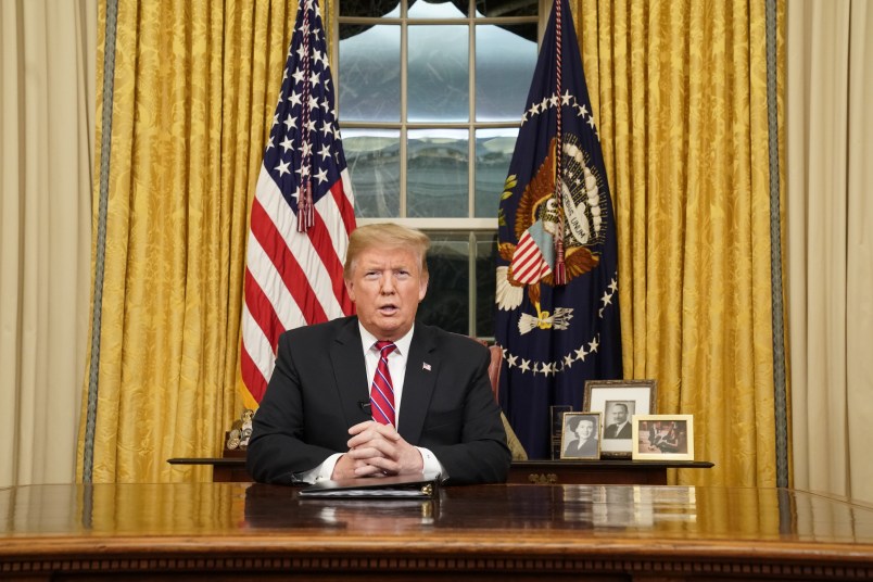 U.S. President Donald Trump delivers a televised address to the nation from his desk in the Oval Office about immigration and the southern U.S. border on the 18th day of a partial government shutdown at the White House in Washington, U.S., January 8, 2019. REUTERS/Carlos Barria