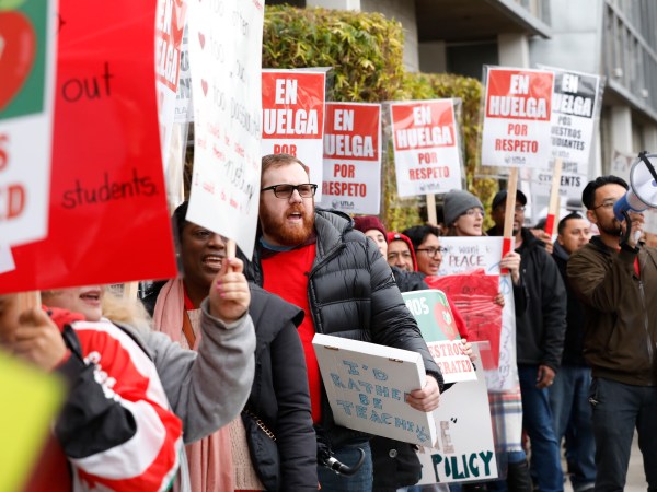 LOS ANGELES, CA - JANUARY 15, 2019  Teachers at The Accelerated Schools, a community of public charter schools in South Los Angeles picket outside the school on second day of the Los Angeles school teachers strike January 15, 2019. (Al Seib / Los Angeles Times)