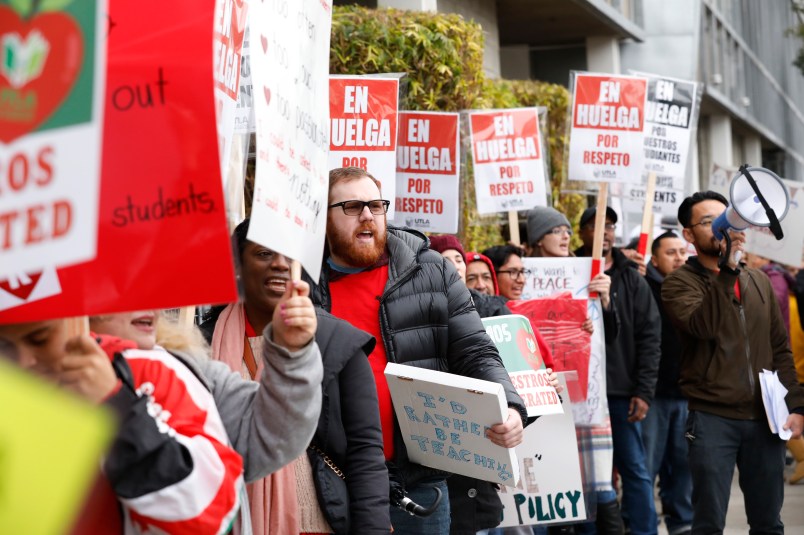 LOS ANGELES, CA - JANUARY 15, 2019  Teachers at The Accelerated Schools, a community of public charter schools in South Los Angeles picket outside the school on second day of the Los Angeles school teachers strike January 15, 2019. (Al Seib / Los Angeles Times)