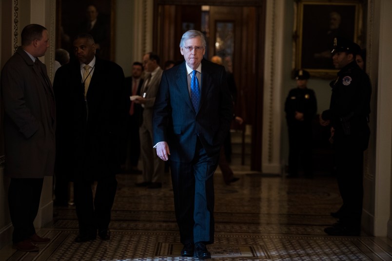 UNITED STATES - JANUARY 15: Senate Majority Leader Mitch McConnell, R-Ky., is seen the Capitol after the Senate Policy luncheons in the Capitol on Tuesday, January 15, 2019. (Photo By Tom Williams/CQ Roll Call)