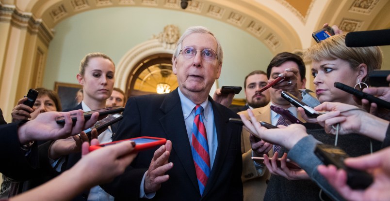 UNITED STATES - JANUARY 25: Senate Majority Leader Mitch McConnell, R-Ky., talks with reporters outside the Senate chamber about a continuing resolution to re-open the government on Friday, January 25, 2019. (Photo By Tom Williams/CQ Roll Call)