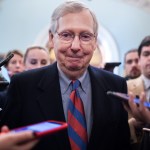 UNITED STATES - JANUARY 25: Senate Majority Leader Mitch McConnell, R-Ky., talks with reporters outside the Senate chamber about a continuing resolution to re-open the government on Friday, January 25, 2019. (Photo By Tom Williams/CQ Roll Call)