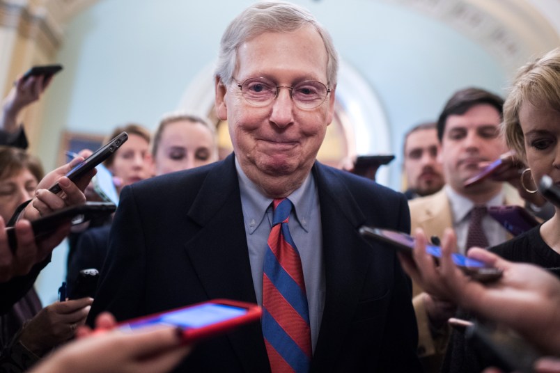 UNITED STATES - JANUARY 25: Senate Majority Leader Mitch McConnell, R-Ky., talks with reporters outside the Senate chamber about a continuing resolution to re-open the government on Friday, January 25, 2019. (Photo By Tom Williams/CQ Roll Call)