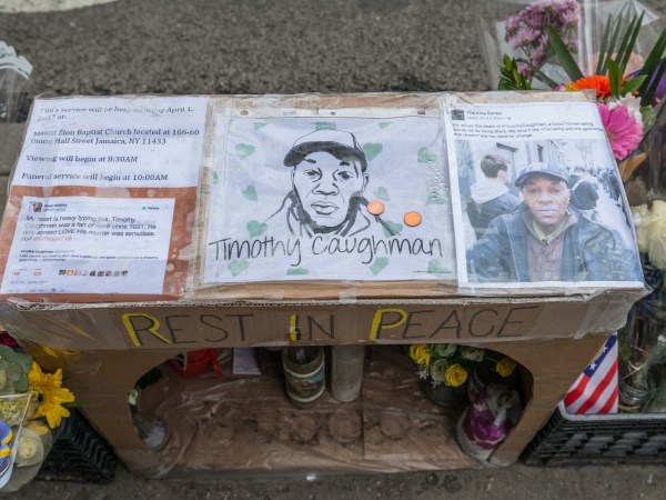 HELL'S KITCHEN, NEW YORK, UNITED STATES - 2017/04/03: A makeshift shrine to Timothy Caughman who was killed in an alleged bias attack by James Harris Jackson on March 20th, 2017 is seen on the Southeast corner of West 36th Street near where Mr. Caughman resided and was slain. (Photo by Albin Lohr-Jones/Pacific Press/LightRocket via Getty Images)