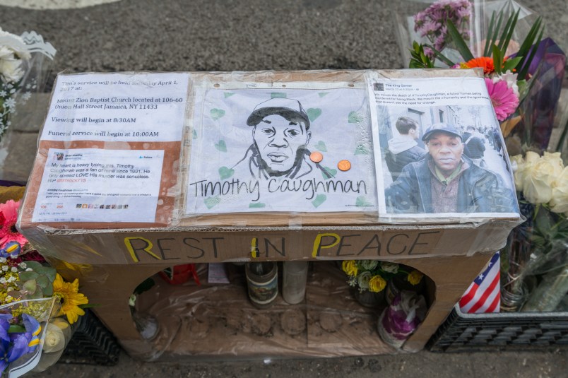 HELL'S KITCHEN, NEW YORK, UNITED STATES - 2017/04/03: A makeshift shrine to Timothy Caughman who was killed in an alleged bias attack by James Harris Jackson on March 20th, 2017 is seen on the Southeast corner of West 36th Street near where Mr. Caughman resided and was slain. (Photo by Albin Lohr-Jones/Pacific Press/LightRocket via Getty Images)