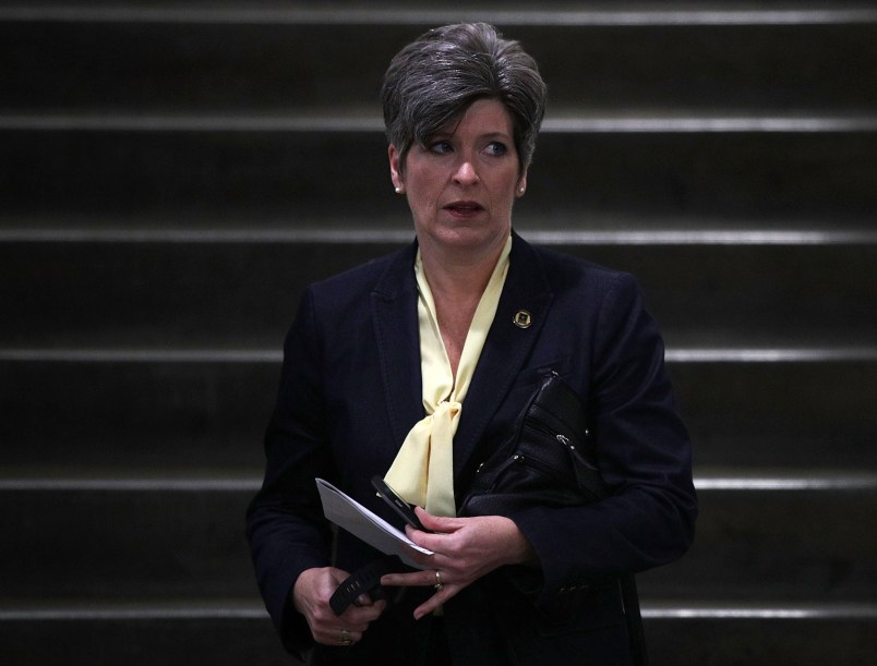 WASHINGTON, DC - APRIL 07:  U.S. Sen. Joni Ernst (R-IA) arrives for a closed briefing on the airstrikes against Syria by Chairman of the Joint Chiefs Gen. Joe Dunford April 7, 2017 at the Capitol in Washington, DC. Dozens of Tomahawk cruise missiles were launched by the U.S. targeting an airfield in Syria in response to a recent chemical attack that killed more than a hundred civilians.  (Photo by Alex Wong/Getty Images)