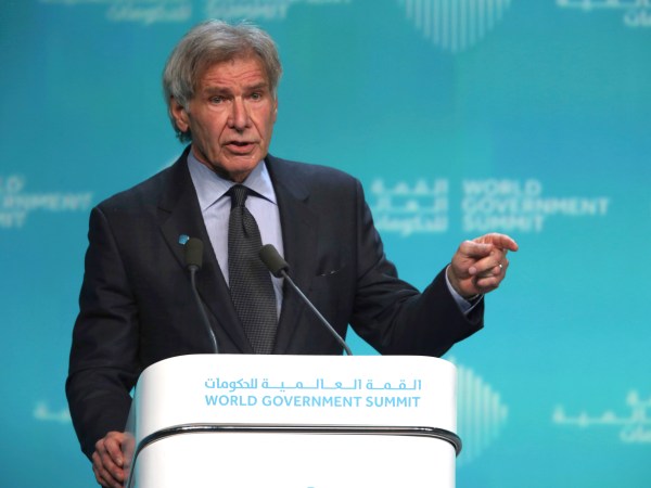 American actor Harrison Ford speaks about ocean conservation at the World Government Summit in Dubai, United Arab Emirates, Tuesday, Feb. 12, 2019. Ford on Tuesday offered an emphatic plea for protecting the ocean while calling out those who "deny or denigrate science." (AP Photo/Jon Gambrell)