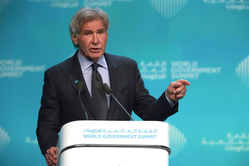 American actor Harrison Ford speaks about ocean conservation at the World Government Summit in Dubai, United Arab Emirates, Tuesday, Feb. 12, 2019. Ford on Tuesday offered an emphatic plea for protecting the ocean while calling out those who "deny or denigrate science." (AP Photo/Jon Gambrell)