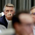 Mark Harris listens to the public evidentiary hearing on the 9th Congressional District investigation Monday morning, Feb. 18, 2019, at the North Carolina State Bar in Raleigh.