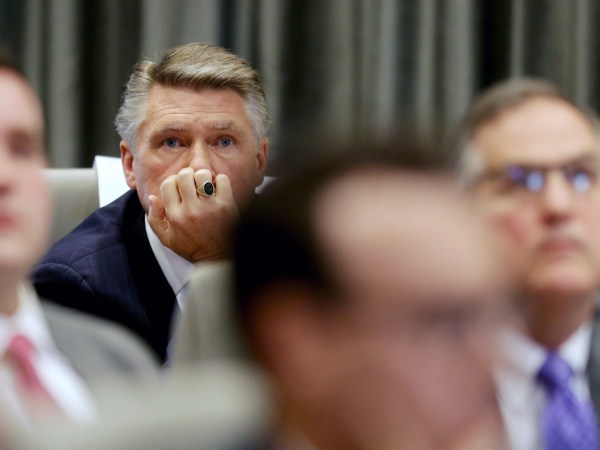 Mark Harris listens to the public evidentiary hearing on the 9th Congressional District investigation Monday morning, Feb. 18, 2019, at the North Carolina State Bar in Raleigh.