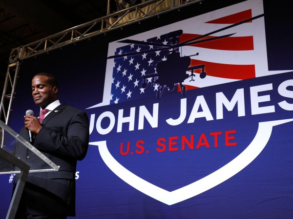 DETROIT, MI - AUGUST 7: John James, Michigan GOP Senate candidate, speaks at an election night event after winning his primary election at his business James Group International  August 7th, 2018 in Detroit, Michigan. James, who has President Donald Trump's endorsement, will face Democrat incumbent Senator Debbie Stabenow (D-MI) in November. (Photo by Bill Pugliano/Getty Images)