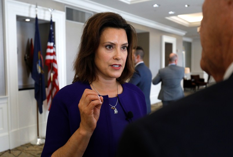 DETROIT, MI - AUGUST 8: Gretchen Whitmer, Michigan democratic gubernatorial nominee, speaks with a reporter after a Democrat Unity Rally at the Westin Book Cadillac Hotel August 7th, 2018 in Detroit, Michigan. Whitmer will face off against republican gubernatoral nominee Bill Schuette in November. (Photo by Bill Pugliano/Getty Images)