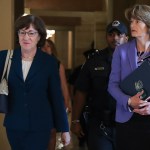 WASHINGTON, DC - OCTOBER 3: (L-R) Sen. Susan Collins (R-ME) and Sen. Lisa Murkowski (R-AK) walk together as they arrive to a closed-door lunch meeting of GOP Senators at the U.S. Capitol, October 3, 2018 in Washington, DC. An FBI report on current allegations against Supreme Court nominee Brett Kavanaugh is expected by the end of this week, possibly later today. (Photo by Drew Angerer/Getty Images)