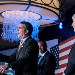 FALLS CHURCH, VIRGINIA - NOVEMBER 6: Virginia Gov. Ralph Northam speaks to supporters as Lt Gov. Justin Fairfax and Attorney General Mark Herring look on as results come in for the Virginia Senate race on Tuesday, November 6, 2018 in Falls Church, Virginia. Senator Tim Kaine went on to win his second term. (Photo by Pete Marovich For The Washington Post)