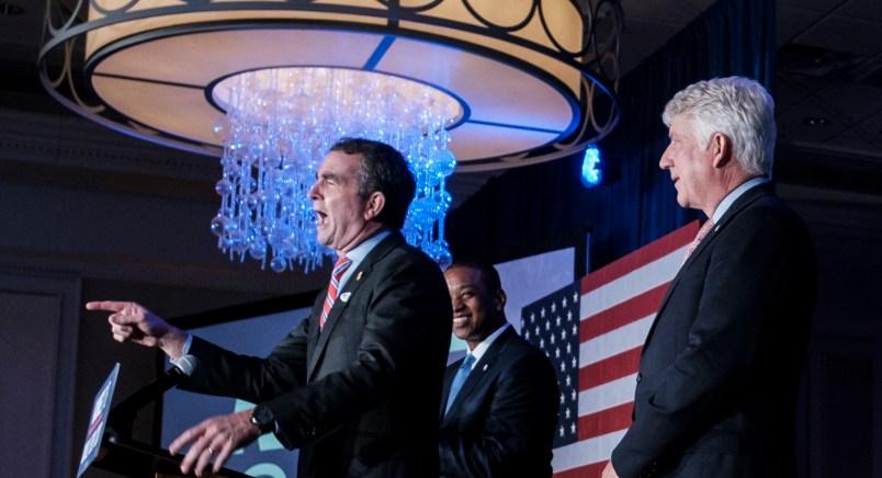 FALLS CHURCH, VIRGINIA - NOVEMBER 6: Virginia Gov. Ralph Northam speaks to supporters as Lt Gov. Justin Fairfax and Attorney General Mark Herring look on as results come in for the Virginia Senate race on Tuesday, November 6, 2018 in Falls Church, Virginia. Senator Tim Kaine went on to win his second term. (Photo by Pete Marovich For The Washington Post)