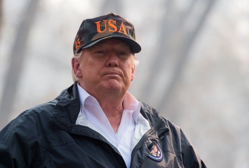 President Donald Trump tours the Skyway Villa Mobile Home and RV Park with Gov. Jerry Brown during his visit of the Camp Fire in Paradise, Calif. on Saturday, November 17, 2018. (Paul Kitagaki Jr./Regional Pool/Sacramento Bee)