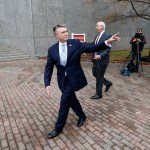 Republican Mark Harris, left, and his attorney David Freedman leave after speaking with the media following a meeting with state election investigators on Thursday, Jan. 3, 2019 at the Dobbs Building in Raleigh, N.C. (Ethan Hyman/Raleigh News & Observer/TNS)