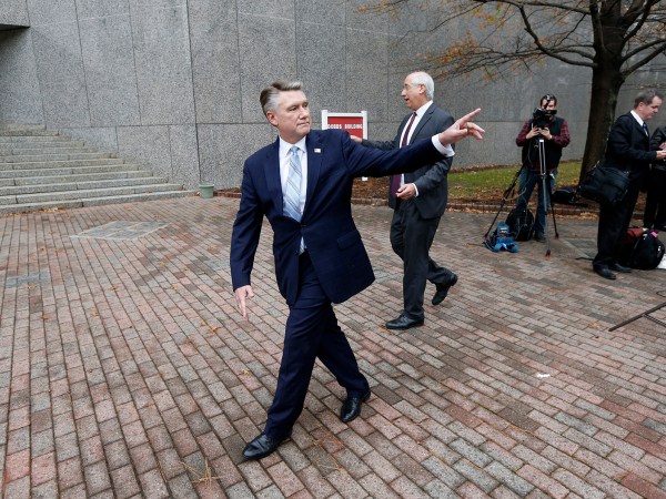 Republican Mark Harris, left, and his attorney David Freedman leave after speaking with the media following a meeting with state election investigators on Thursday, Jan. 3, 2019 at the Dobbs Building in Raleigh, N.C. (Ethan Hyman/Raleigh News & Observer/TNS)
