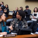 UNITED STATES - JANUARY 29: From left, Reps. Alexandria Ocasio-Cortez, D-N.Y., Ayanna Pressley, D-Mass., and Rashida Tlaib, D-Mich., attend a House Oversight and Reform Committee business meeting in Rayburn Building on Tuesday, January 29, 2019. (Photo By Tom Williams/CQ Roll Call)