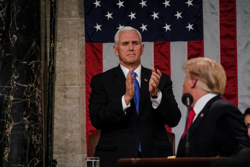FEBRUARY 5, 2019 - WASHINGTON, DC: President Donald Trump delivered the State of the Union address, with Vice President Mike Pence and Speaker of the House Nancy Pelosi, at the Capitol in Washington, DC on February 5, 2019. (Doug Mills/The New York Times POOL PHOTO) NYTSOTU
